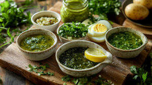 Een prachtig gepresenteerde selectie van salsa verde-variaties uit verschillende landen, elk met unieke ingrediënten en culturele invloeden, op een rustieke houten tafel.