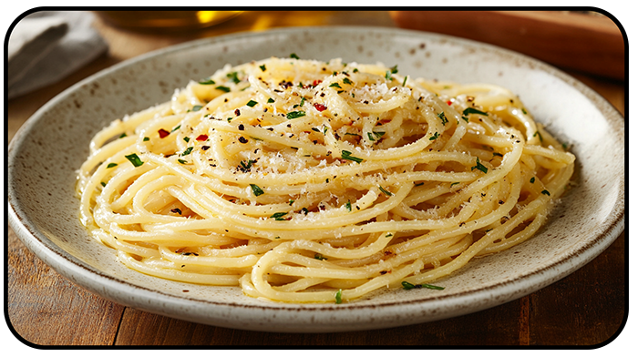 Close-up van een heerlijk spaghetti recept: Spaghetti Aglio e Olio met extra vierge olijfolie, goudbruine knoflook, gedroogde rode pepervlokken en verse peterselie, perfect opgemaakt op een keramisch bord.