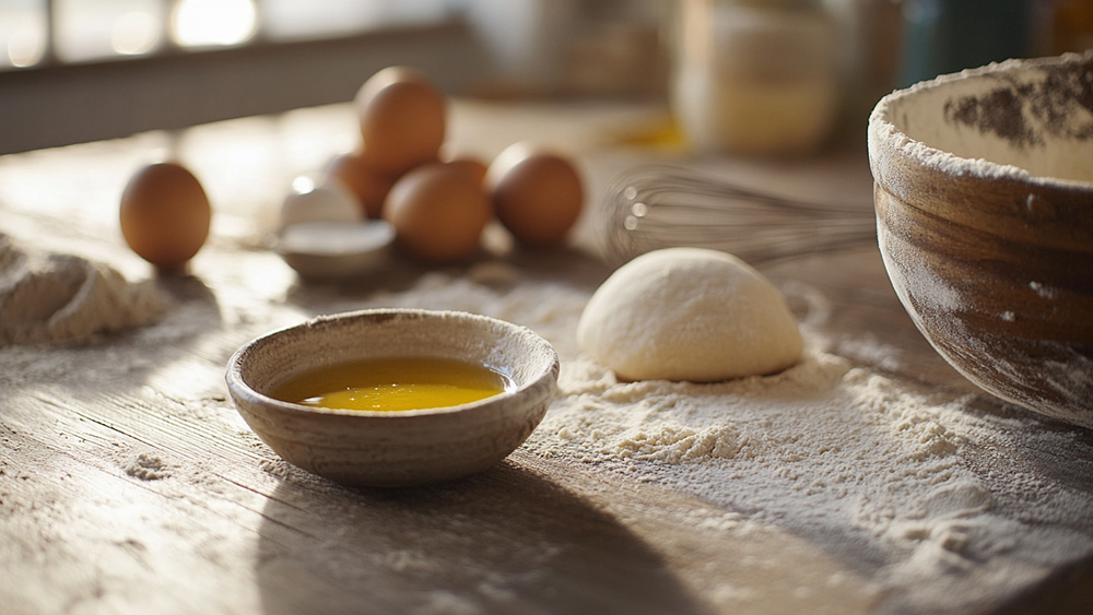 Bakken zonder boter: een rustieke houten keukenwerkblad met een kleine kom olijfolie, vers deeg en bakingrediënten zoals eieren en bloem. Olijfolie als gezonde botervervanger voor luchtige en smeuïge baksels.