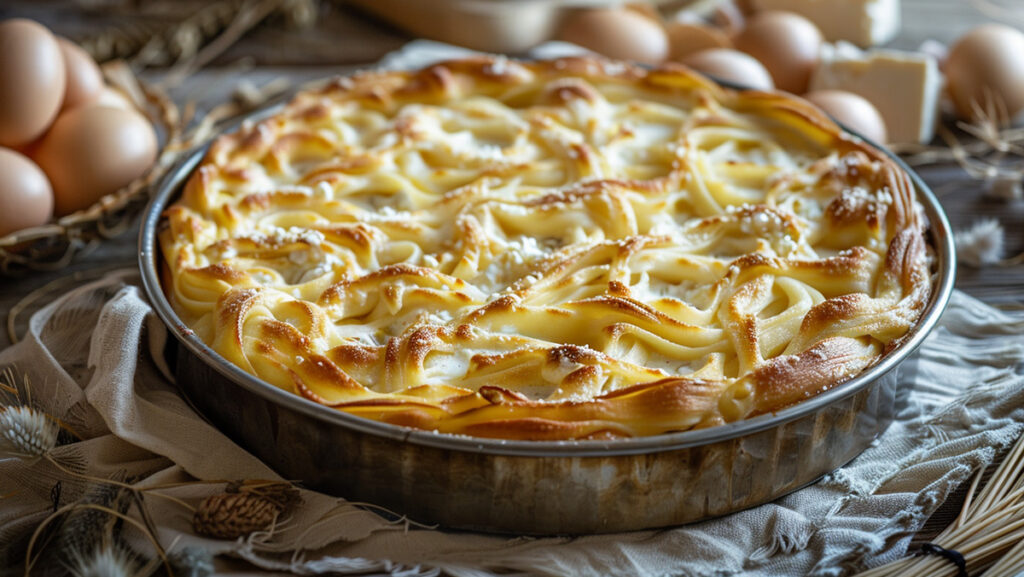 Albanese pastiçe in een ronde roestvrijstalen bakvorm: goudbruine korst, opengesneden wedge toont holle bucatini met feta-ei.